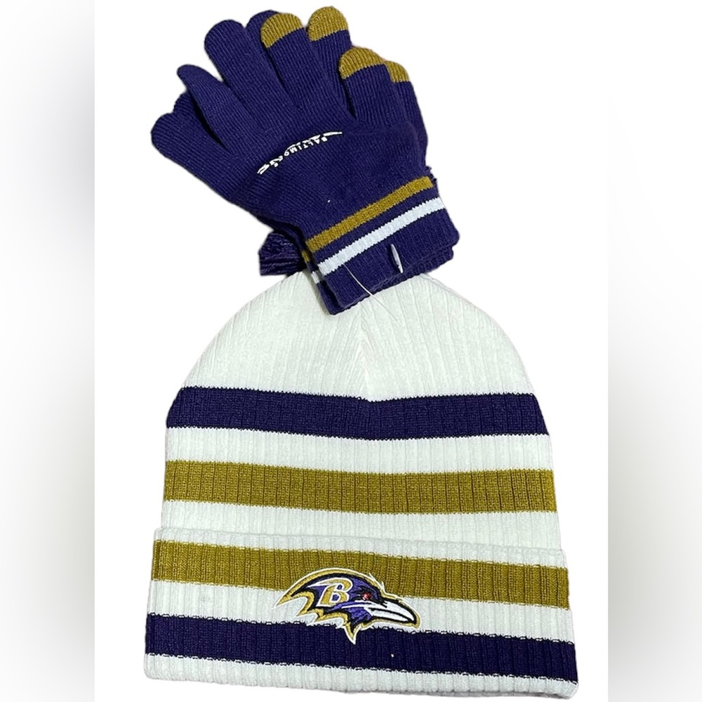 New NFL Set Baltimore Ravens Tossle Beanie Hat & Gloves Purple Stripes Pom Pom - Picture 2 of 3